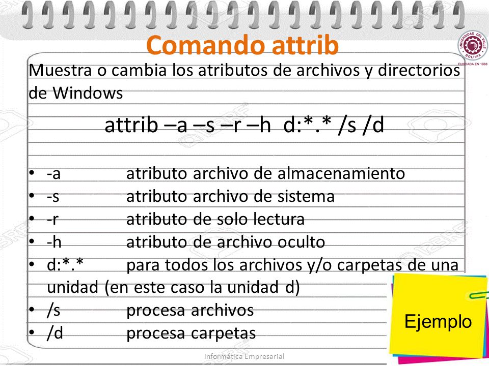 Comando attrib attrib –a –s –r –h d:*.* /s /d