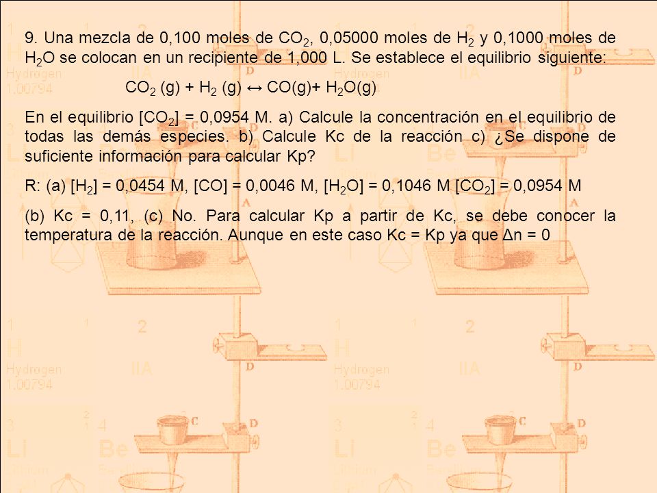9. Una mezcla de 0,100 moles de CO2, 0,05000 moles de H2 y 0,1000 moles de H2O se colocan en un recipiente de 1,000 L. Se establece el equilibrio siguiente: