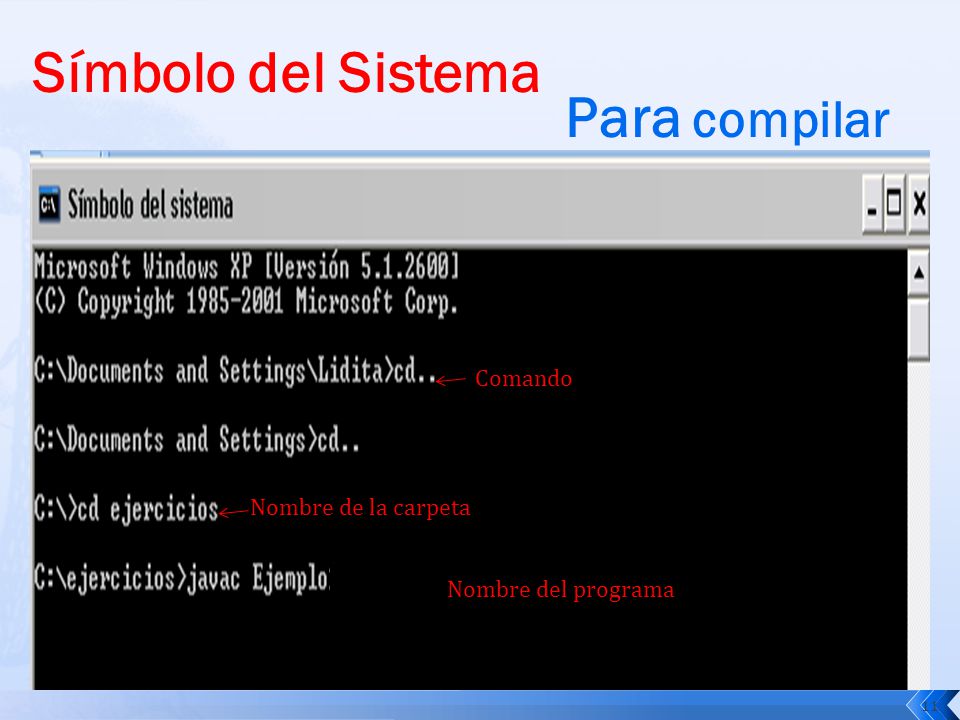 Símbolo del Sistema Para compilar Comando Nombre de la carpeta