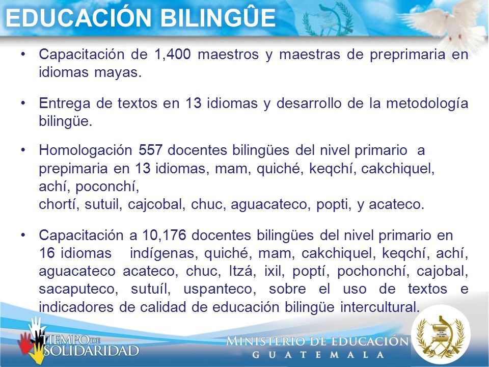 EDUCACIÓN BILINGÛE Capacitación de 1,400 maestros y maestras de preprimaria en idiomas mayas.