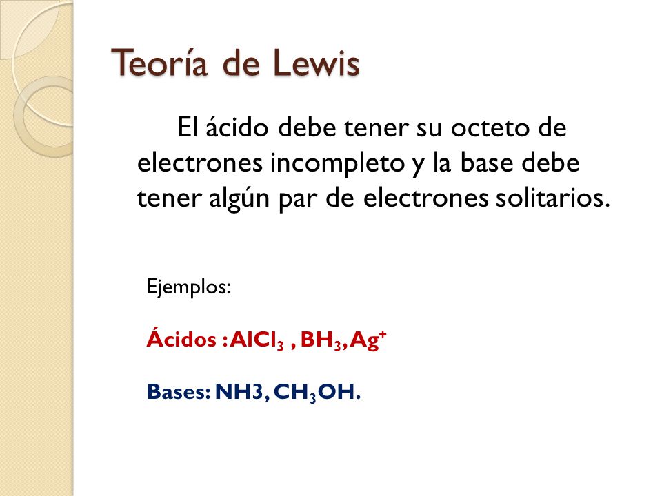 Teoría de Lewis El ácido debe tener su octeto de electrones incompleto y la base debe tener algún par de electrones solitarios.