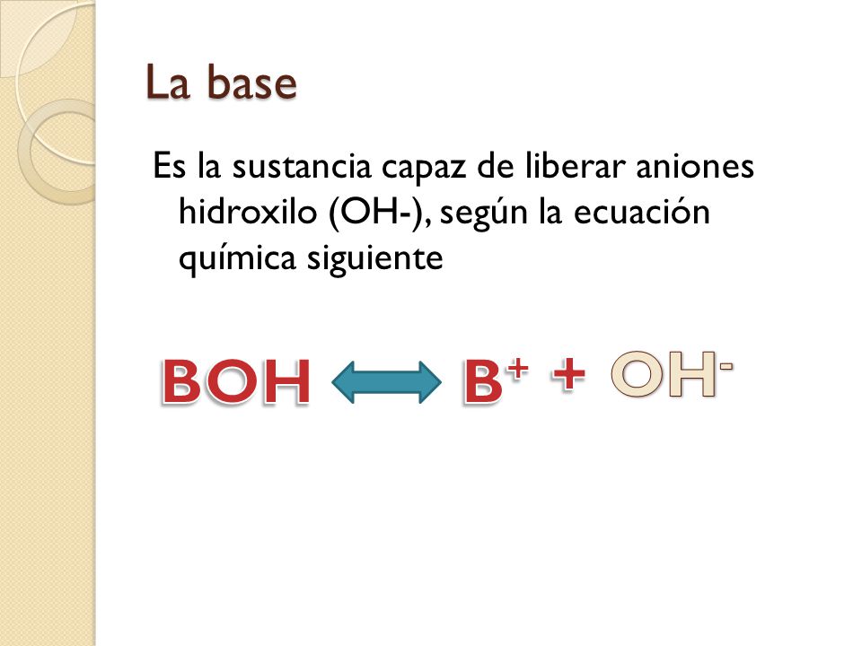 La base Es la sustancia capaz de liberar aniones hidroxilo (OH-), según la ecuación química siguiente.