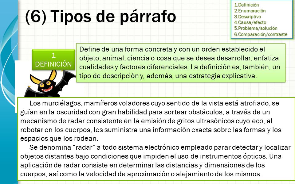 (6) Tipos de párrafo 1.Definición. 2.Enumeración. 3.Descriptivo. 4.Causa/efecto. 5.Problema/solución.