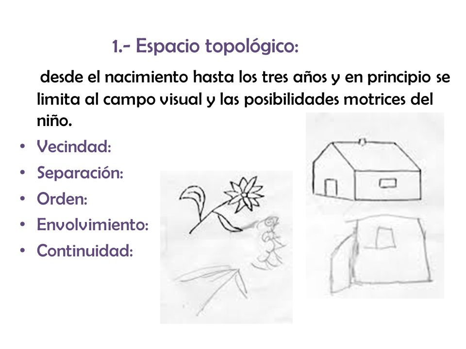1.- Espacio topológico: desde el nacimiento hasta los tres años y en principio se limita al campo visual y las posibilidades motrices del niño.