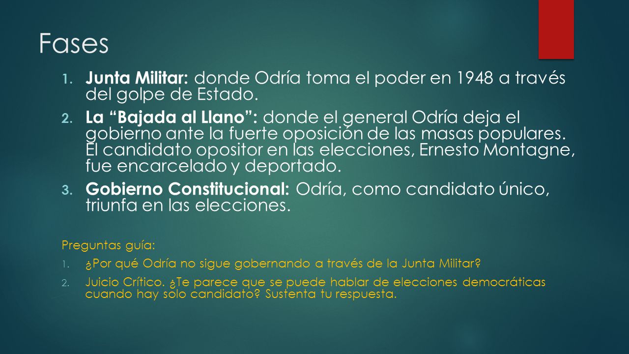 Fases Junta Militar: donde Odría toma el poder en 1948 a través del golpe de Estado.