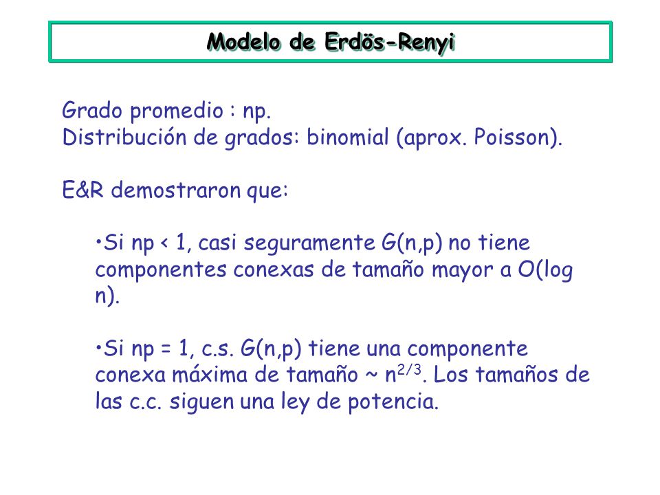 Modelo de Erdös-Renyi Grado promedio : np. Distribución de grados: binomial (aprox. Poisson). E&R demostraron que: