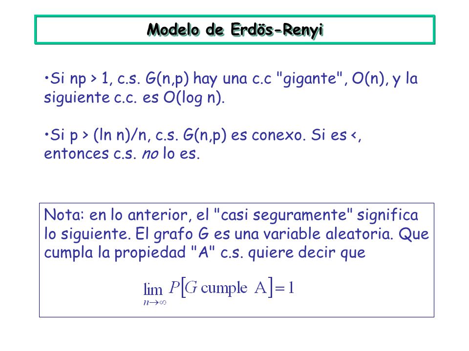 Modelo de Erdös-Renyi Si np > 1, c.s. G(n,p) hay una c.c gigante , O(n), y la siguiente c.c. es O(log n).