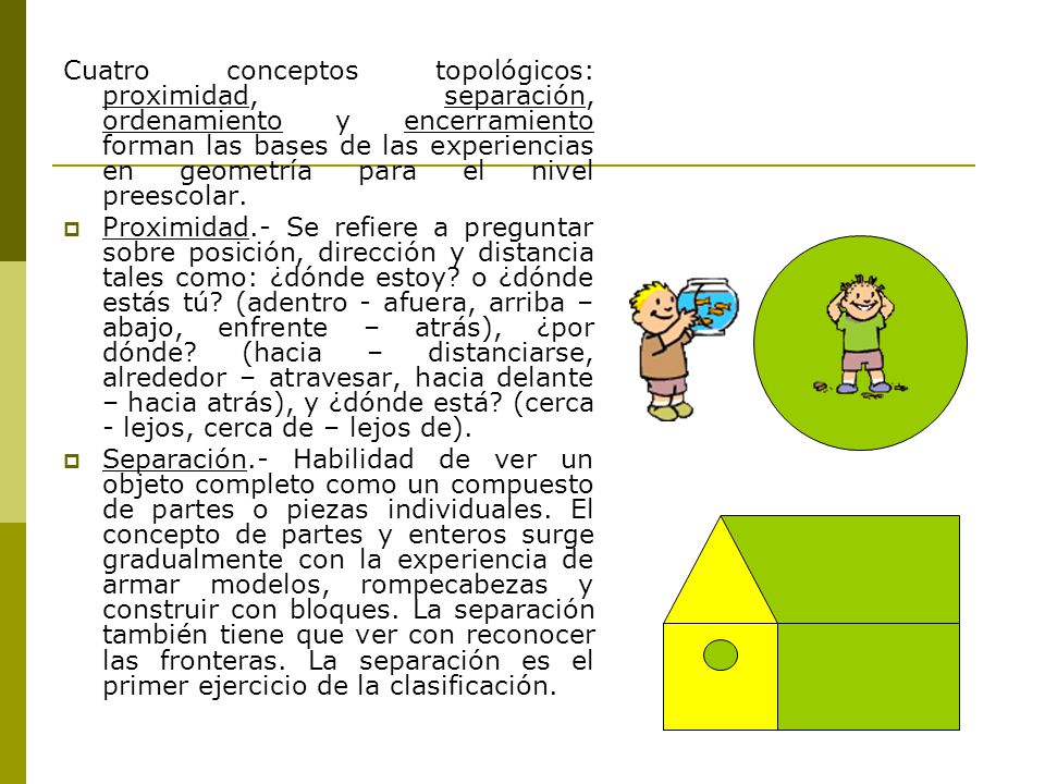 Cuatro conceptos topológicos: proximidad, separación, ordenamiento y encerramiento forman las bases de las experiencias en geometría para el nivel preescolar.