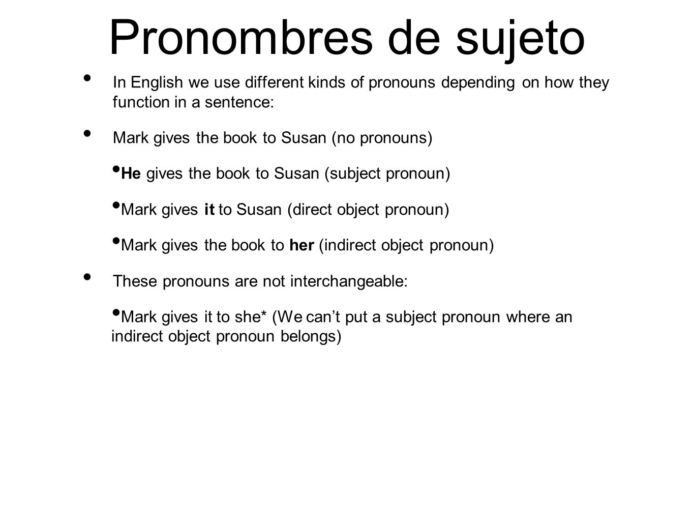 Pronombres de sujeto In English we use different kinds of pronouns depending on how they function in a sentence: