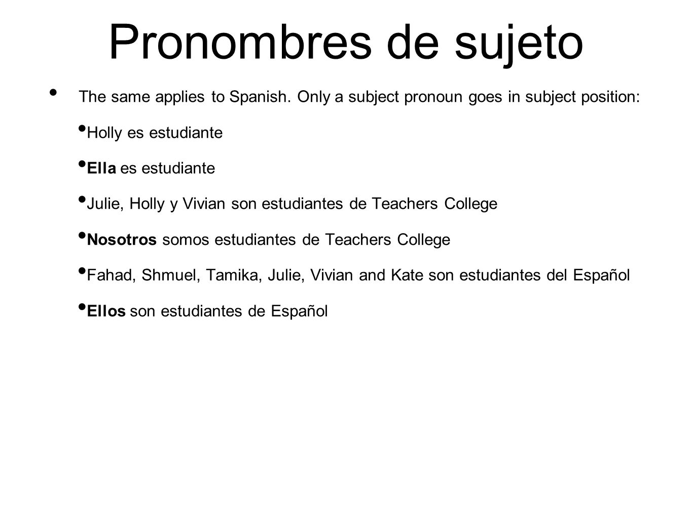 Pronombres de sujeto The same applies to Spanish. Only a subject pronoun goes in subject position: Holly es estudiante.