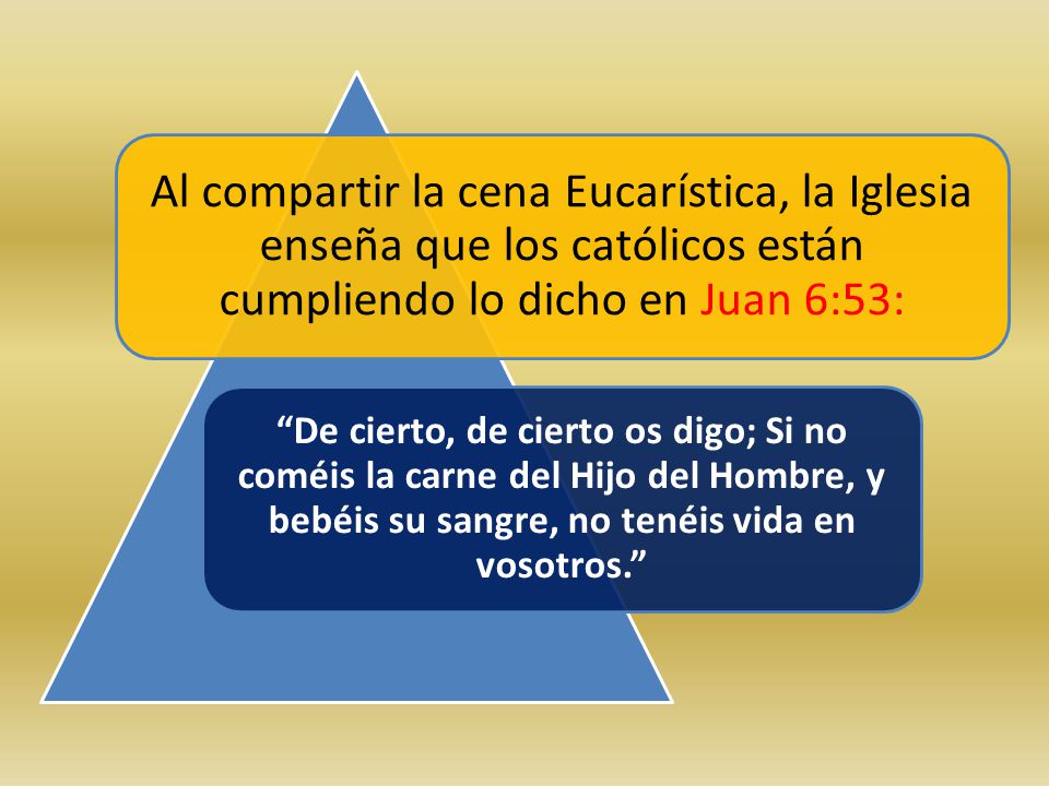 Al compartir la cena Eucarística, la Iglesia enseña que los católicos están cumpliendo lo dicho en Juan 6:53: