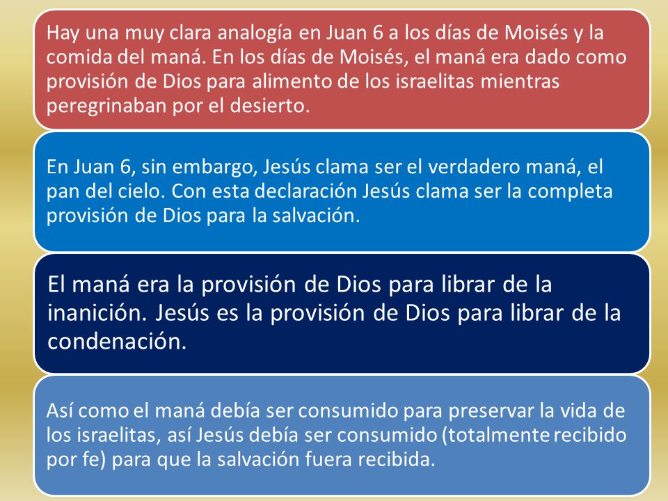 Hay una muy clara analogía en Juan 6 a los días de Moisés y la comida del maná. En los días de Moisés, el maná era dado como provisión de Dios para alimento de los israelitas mientras peregrinaban por el desierto.