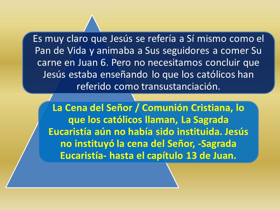 Es muy claro que Jesús se refería a Sí mismo como el Pan de Vida y animaba a Sus seguidores a comer Su carne en Juan 6. Pero no necesitamos concluir que Jesús estaba enseñando lo que los católicos han referido como transustanciación.