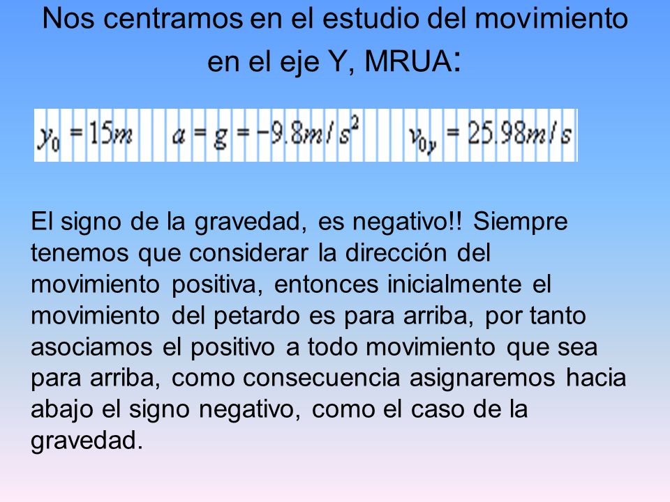 Nos centramos en el estudio del movimiento en el eje Y, MRUA: