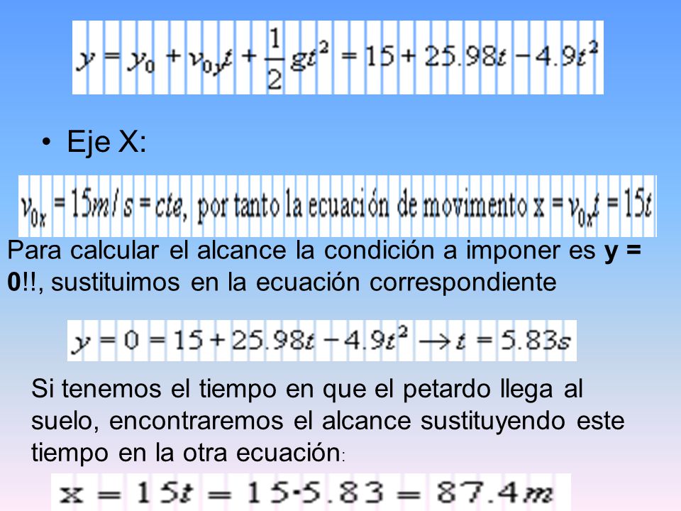 Eje X: Para calcular el alcance la condición a imponer es y = 0!!, sustituimos en la ecuación correspondiente.