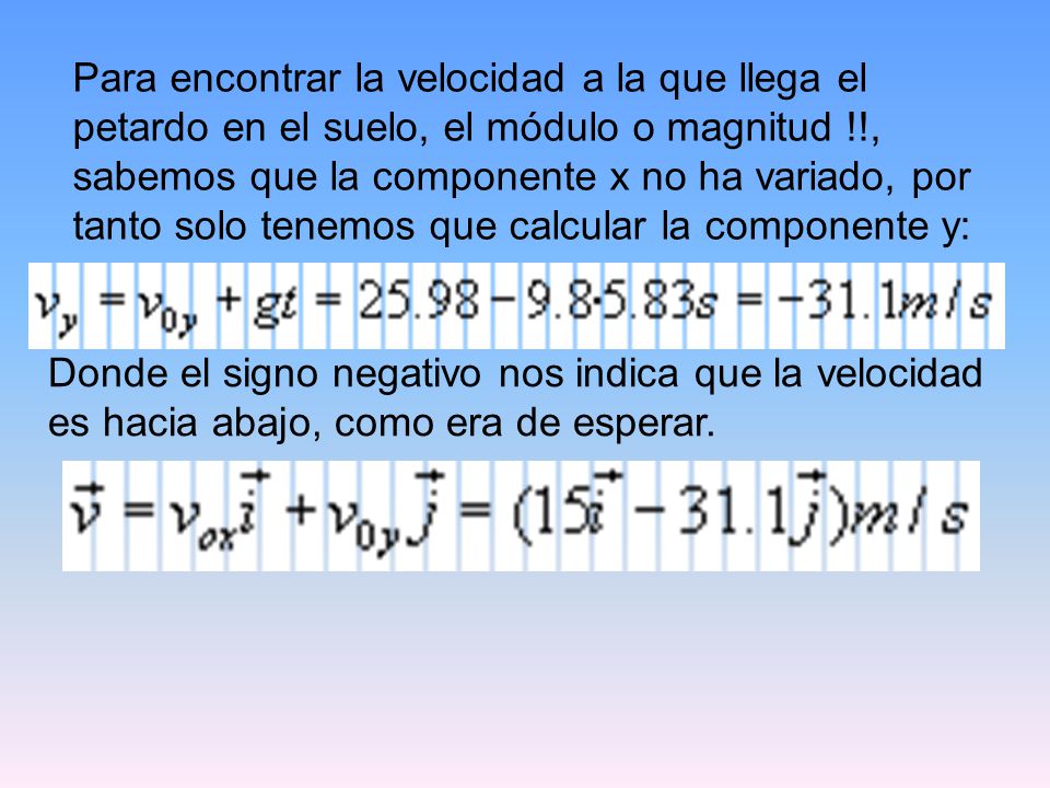 Para encontrar la velocidad a la que llega el petardo en el suelo, el módulo o magnitud !!, sabemos que la componente x no ha variado, por tanto solo tenemos que calcular la componente y: