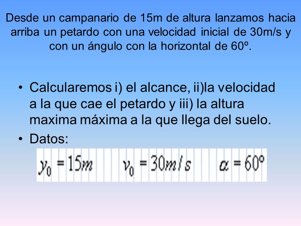 Desde un campanario de 15m de altura lanzamos hacia arriba un petardo con una velocidad inicial de 30m/s y con un ángulo con la horizontal de 60º.