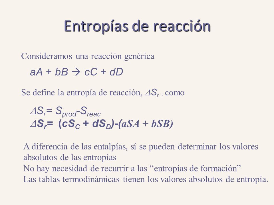 Entropías de reacción aA + bB  cC + dD DSr= Sprod-Sreac
