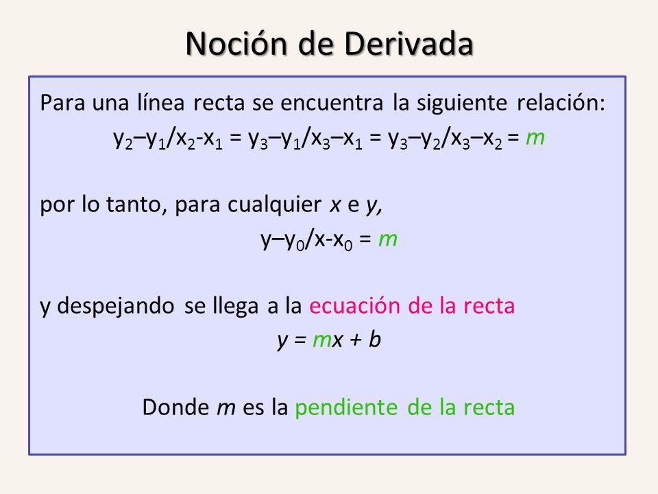 Noción de Derivada Para una línea recta se encuentra la siguiente relación: y2–y1/x2-x1 = y3–y1/x3–x1 = y3–y2/x3–x2 = m.