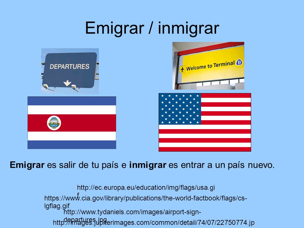 Emigrar / inmigrar Emigrar es salir de tu país e inmigrar es entrar a un país nuevo.