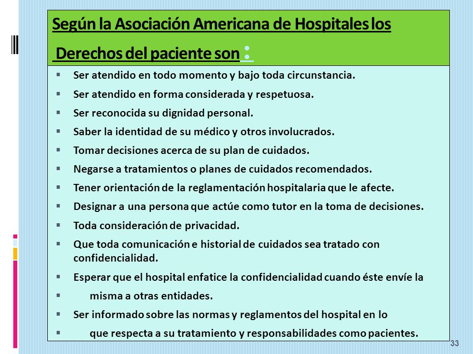 Según la Asociación Americana de Hospitales los Derechos del paciente son: