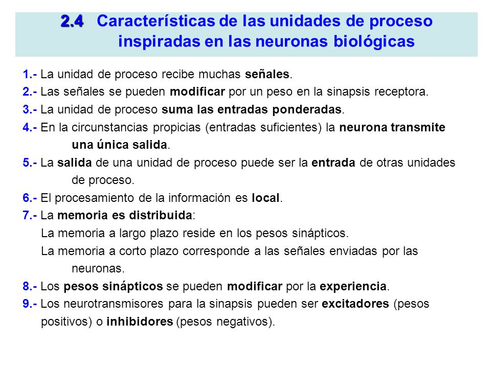 2.4 Características de las unidades de proceso inspiradas en las neuronas biológicas