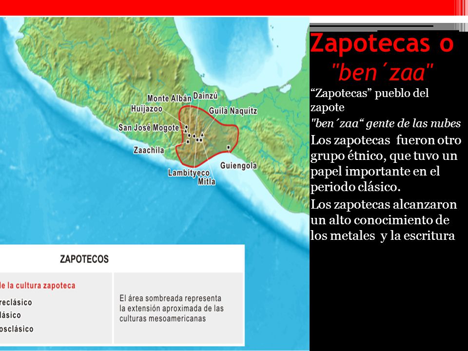 Zapotecas o ben´zaa Zapotecas pueblo del zapote. ben´zaa gente de las nubes.