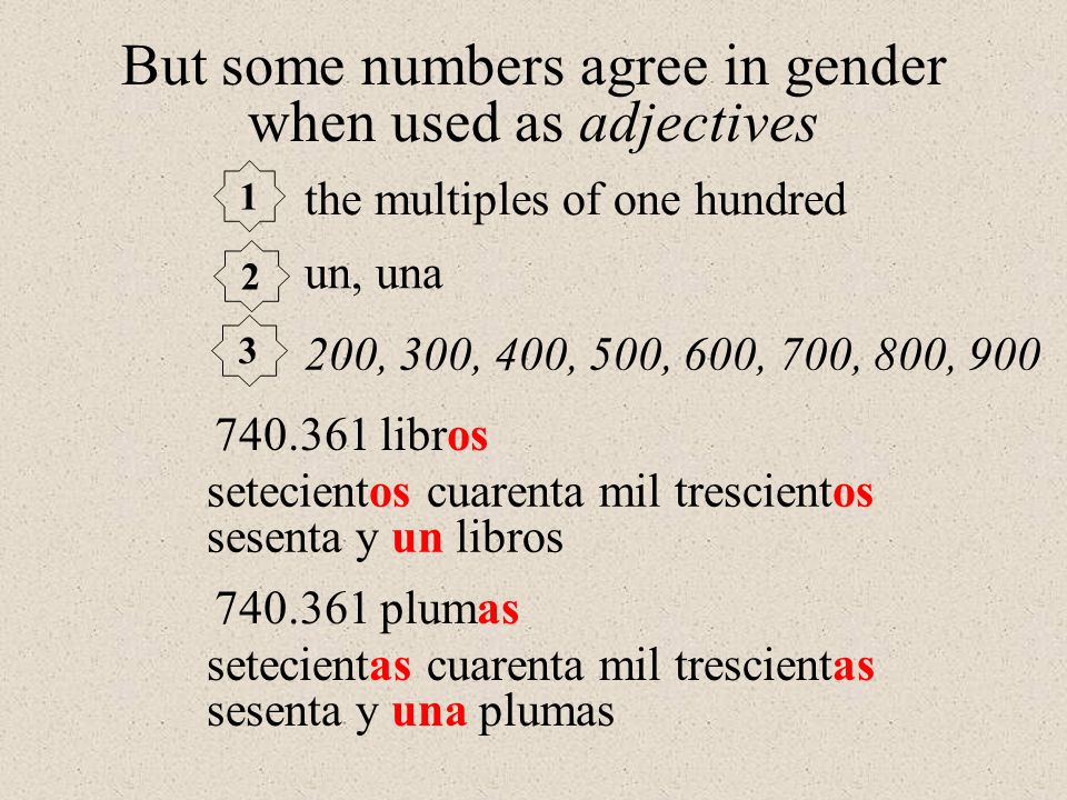 But some numbers agree in gender when used as adjectives