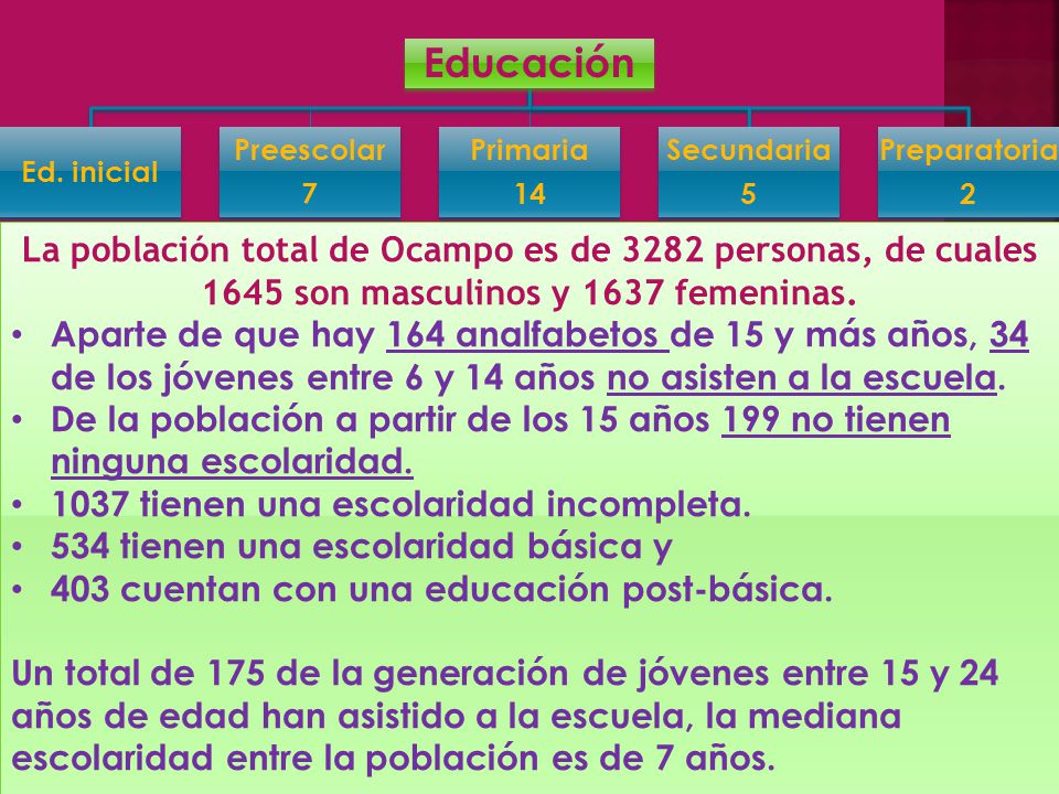 Educación Ed. inicial. Preescolar. 7. Primaria. 14. Secundaria. 5. Preparatoria. 2.