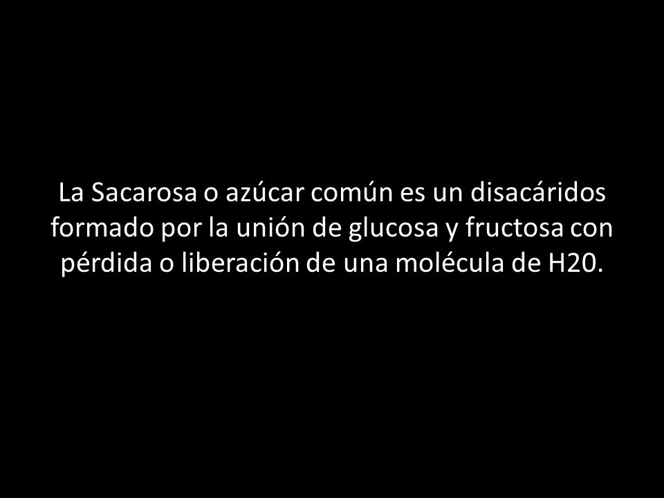 La Sacarosa o azúcar común es un disacáridos formado por la unión de glucosa y fructosa con pérdida o liberación de una molécula de H20.