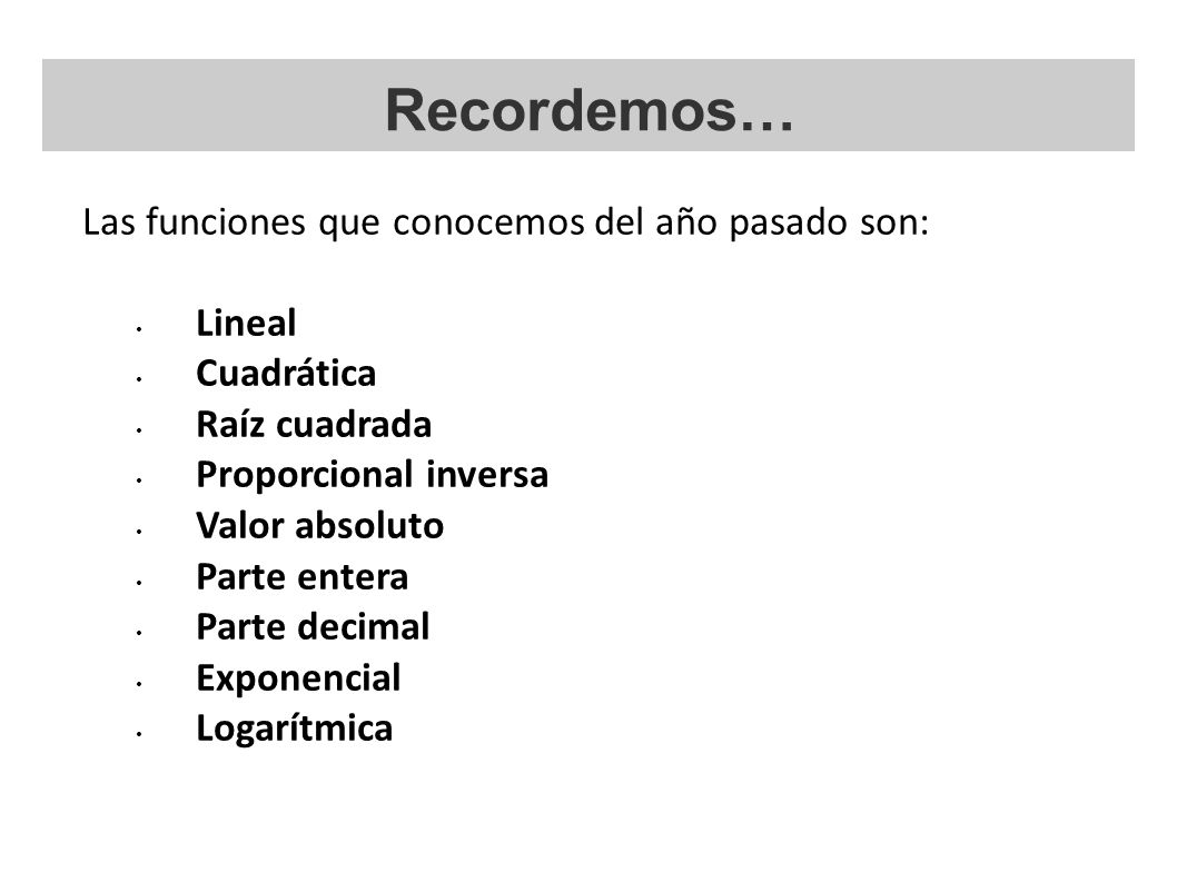Recordemos… Las funciones que conocemos del año pasado son: Lineal