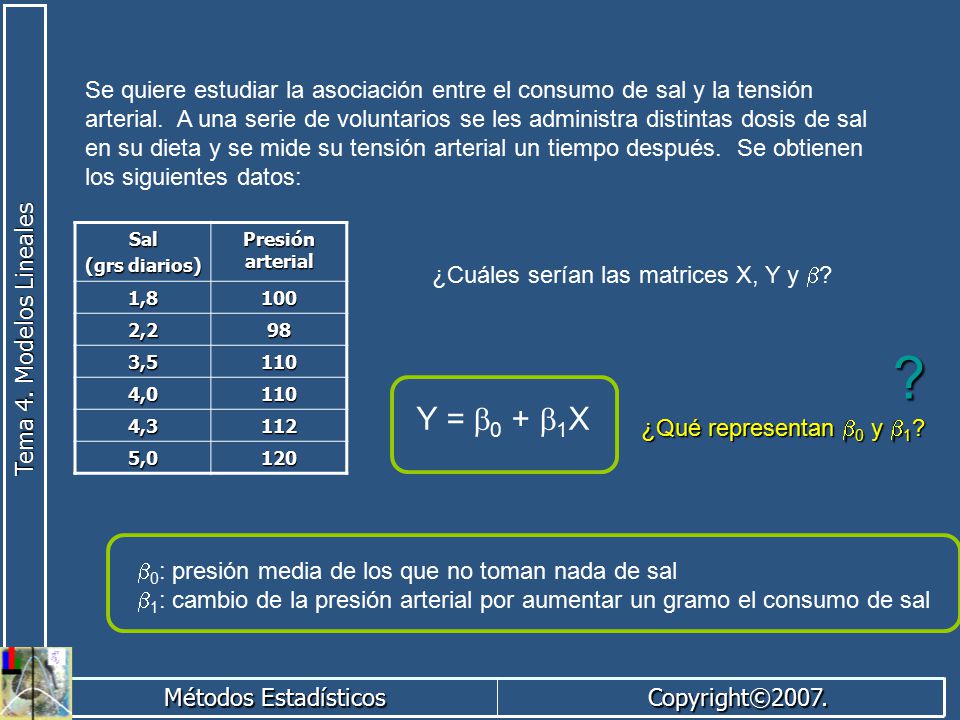 Se quiere estudiar la asociación entre el consumo de sal y la tensión arterial. A una serie de voluntarios se les administra distintas dosis de sal en su dieta y se mide su tensión arterial un tiempo después. Se obtienen los siguientes datos: