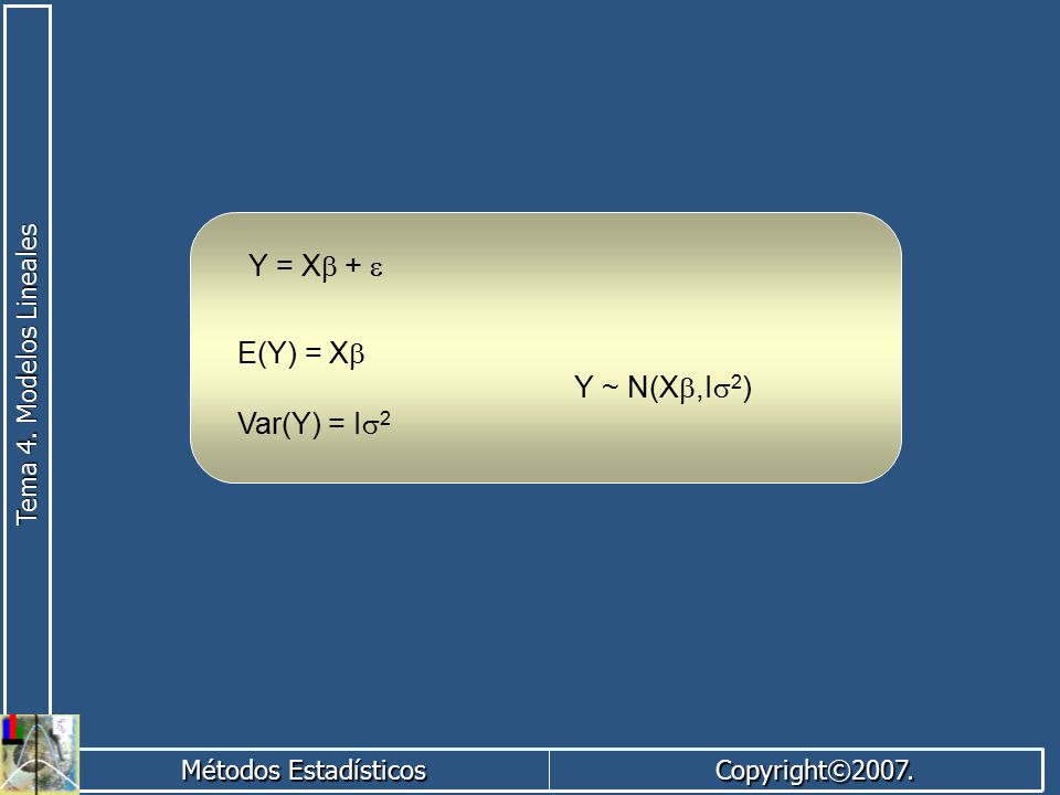 Y = Xb + e E(Y) = Xb Var(Y) = Is2 Y ~ N(Xb,Is2)