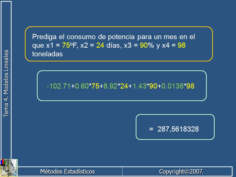 Prediga el consumo de potencia para un mes en el que x1 = 75oF, x2 = 24 días, x3 = 90% y x4 = 98 toneladas