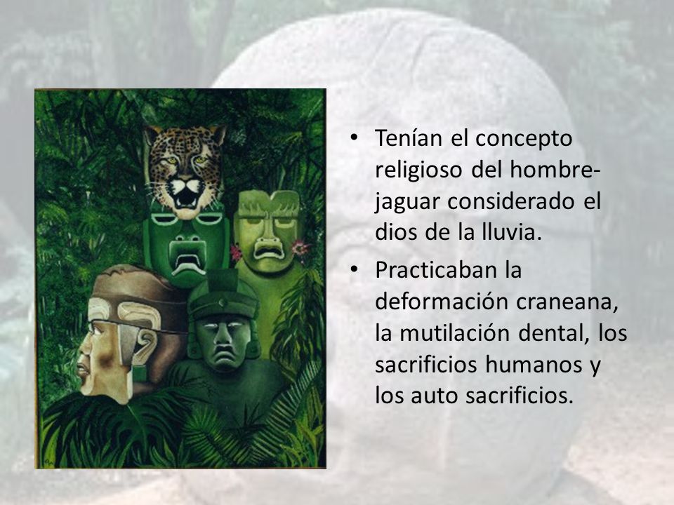 Tenían el concepto religioso del hombre-jaguar considerado el dios de la lluvia.