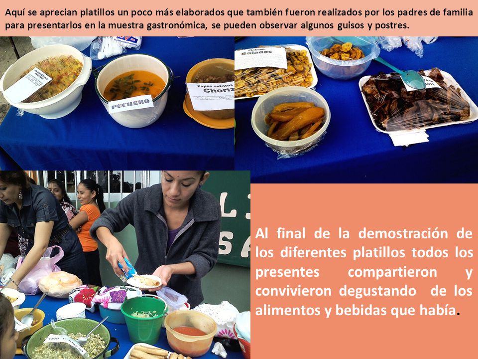 Aquí se aprecian platillos un poco más elaborados que también fueron realizados por los padres de familia para presentarlos en la muestra gastronómica, se pueden observar algunos guisos y postres.