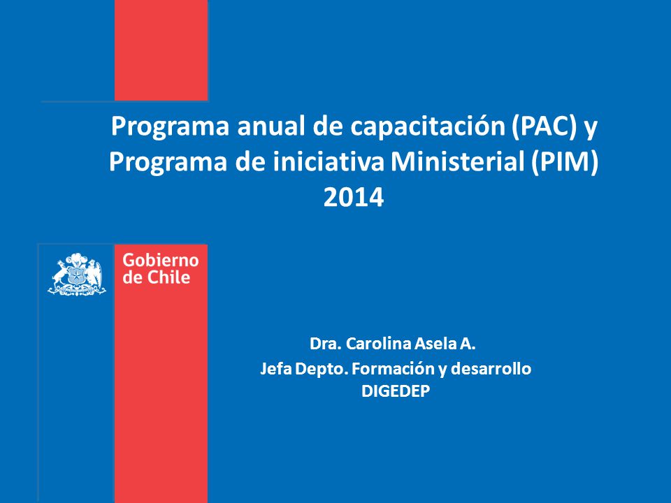 Programa anual de capacitación (PAC) y Programa de iniciativa Ministerial (PIM) 2014 Dra. Carolina Asela A. Jefa Depto. Formación y desarrollo DIGEDEP