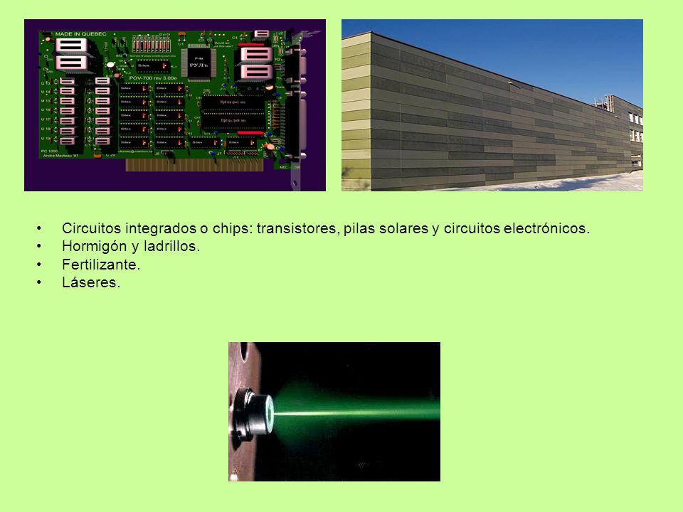 Circuitos integrados o chips: transistores, pilas solares y circuitos electrónicos.