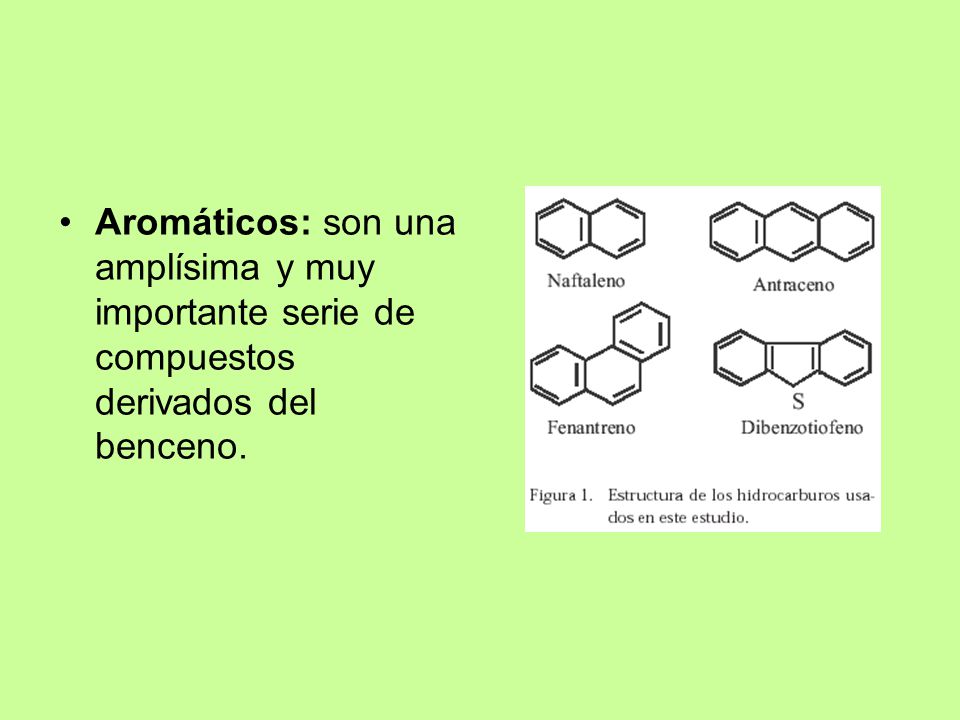 Aromáticos: son una amplísima y muy importante serie de compuestos derivados del benceno.