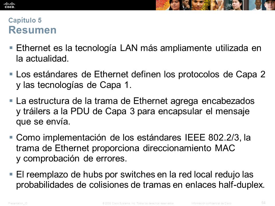 Capítulo 5 Resumen Ethernet es la tecnología LAN más ampliamente utilizada en la actualidad.
