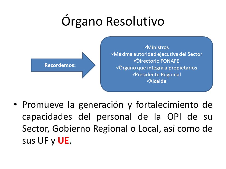 Órgano Resolutivo Ministros. Máxima autoridad ejecutiva del Sector. Directorio FONAFE. Órgano que integra a propietarios.