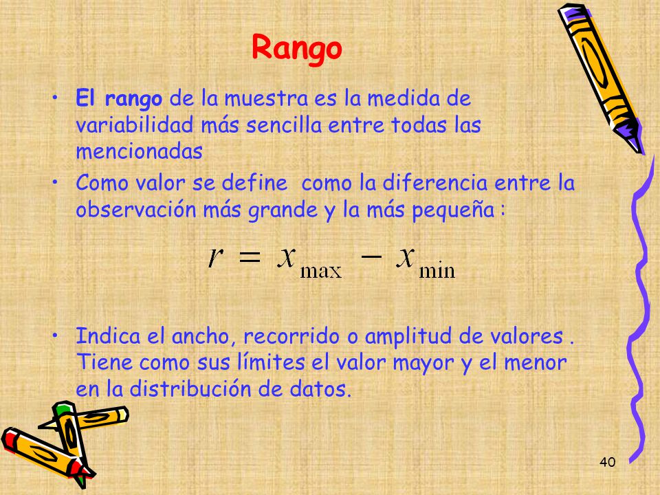 Rango El rango de la muestra es la medida de variabilidad más sencilla entre todas las mencionadas.