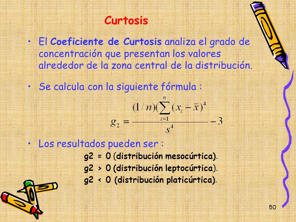 Curtosis El Coeficiente de Curtosis analiza el grado de concentración que presentan los valores alrededor de la zona central de la distribución.
