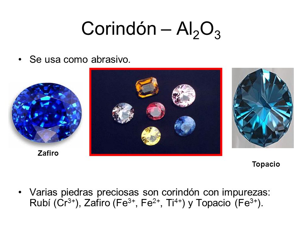 Corindón – Al2O3 Se usa como abrasivo. Zafiro