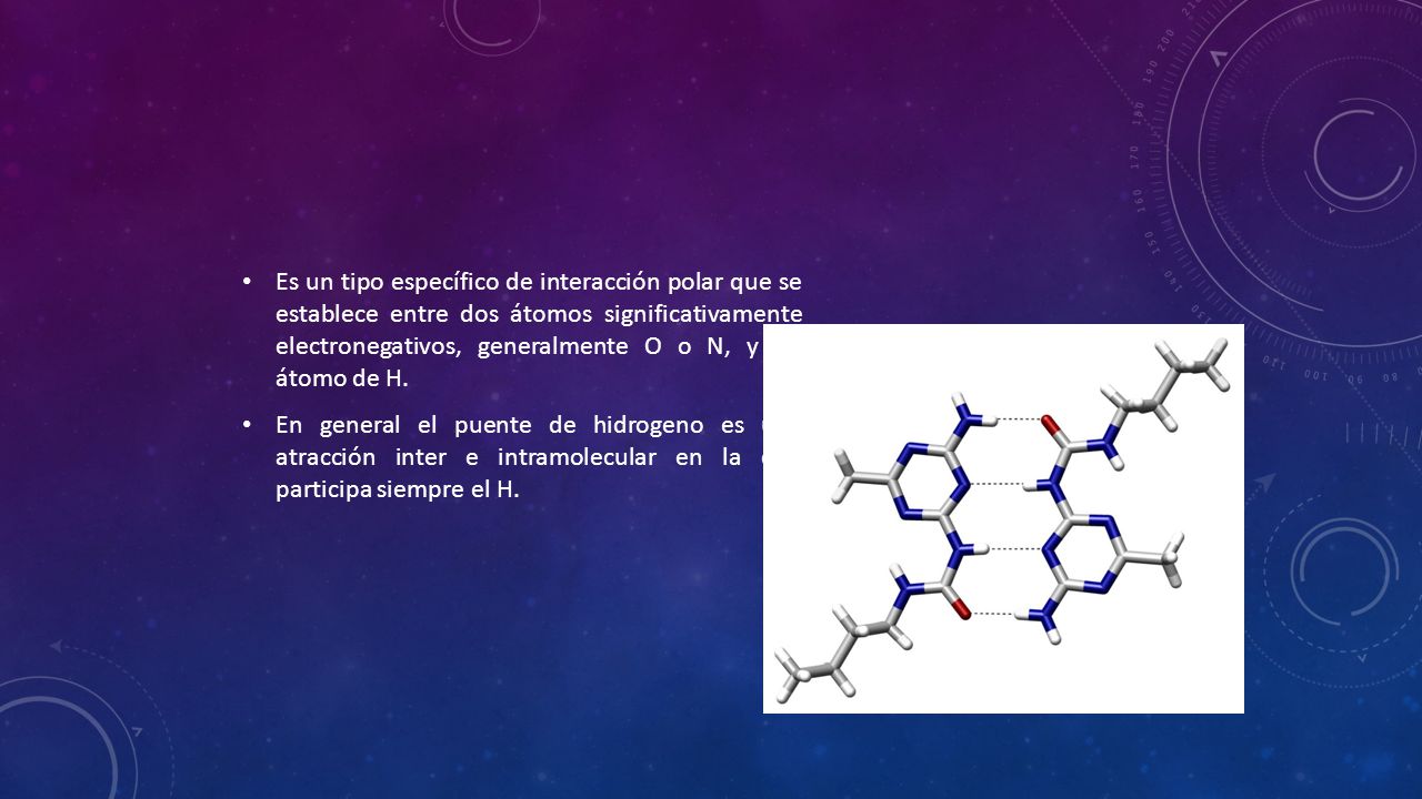 Es un tipo específico de interacción polar que se establece entre dos átomos significativamente electronegativos, generalmente O o N, y un átomo de H.