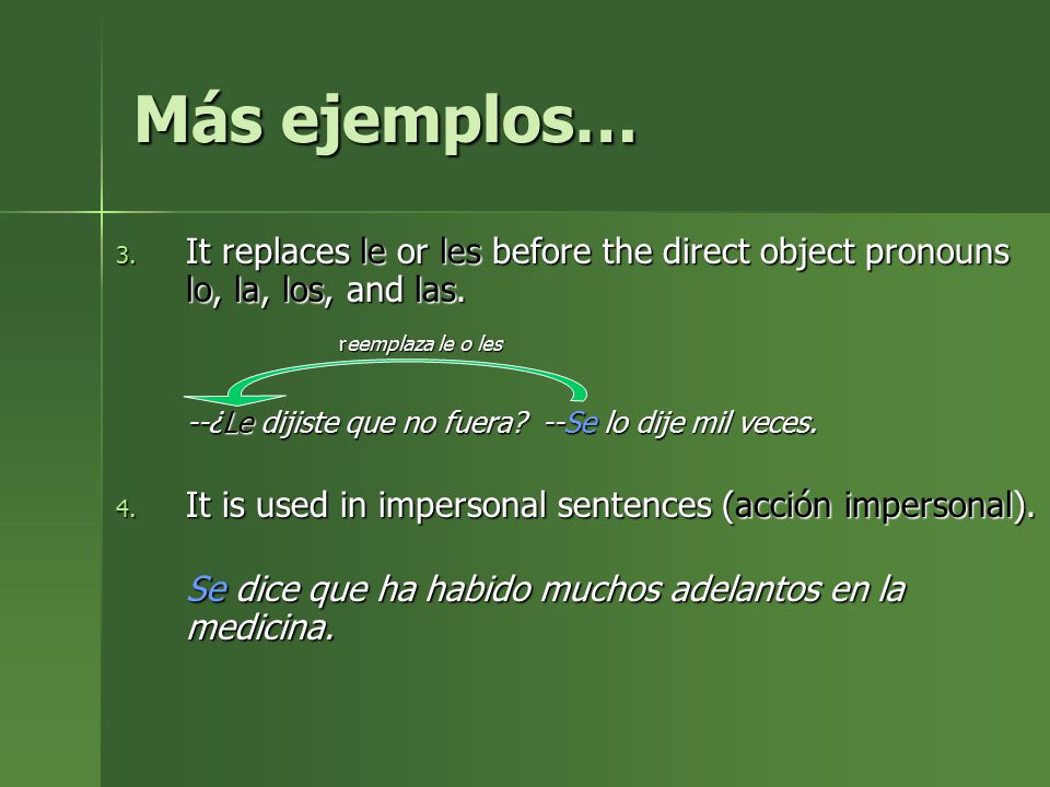 Más ejemplos… It replaces le or les before the direct object pronouns lo, la, los, and las. reemplaza le o les.