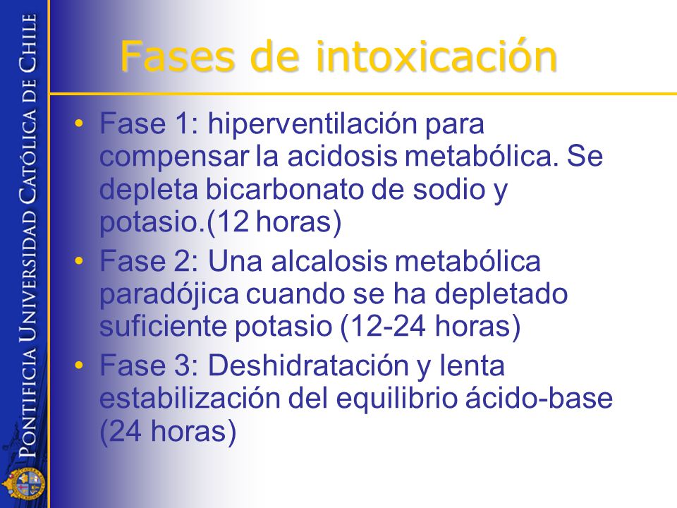 Fases de intoxicación Fase 1: hiperventilación para compensar la acidosis metabólica. Se depleta bicarbonato de sodio y potasio.(12 horas)