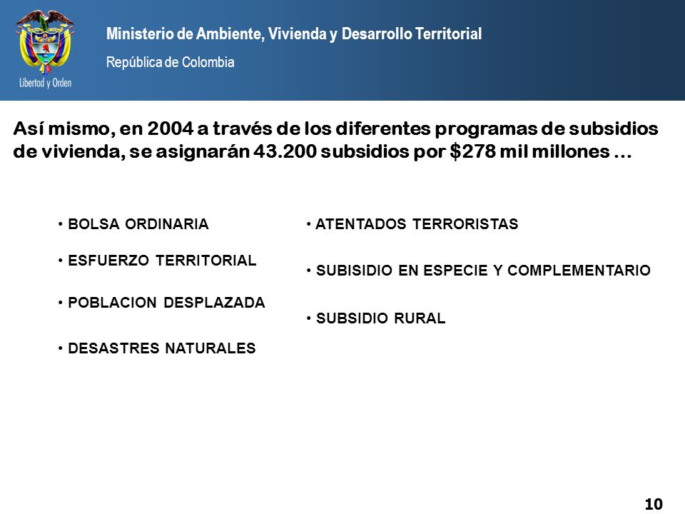 Así mismo, en 2004 a través de los diferentes programas de subsidios de vivienda, se asignarán subsidios por $278 mil millones …