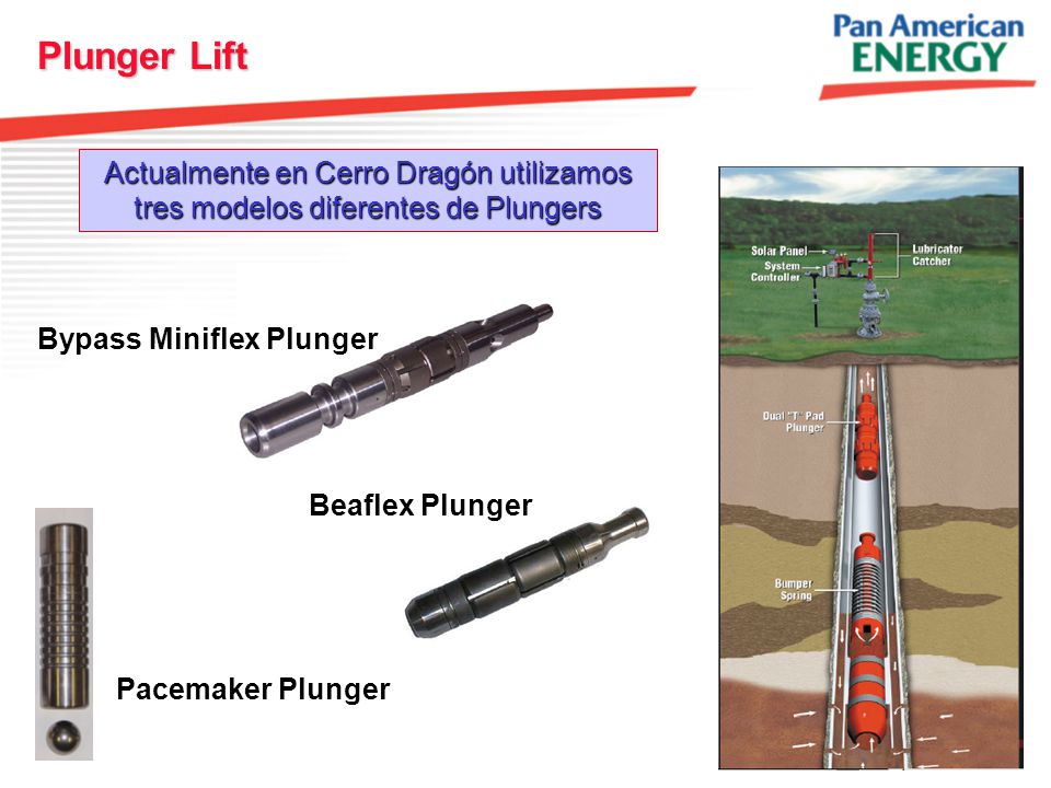 Plunger Lift Actualmente en Cerro Dragón utilizamos tres modelos diferentes de Plungers. Bypass Miniflex Plunger.