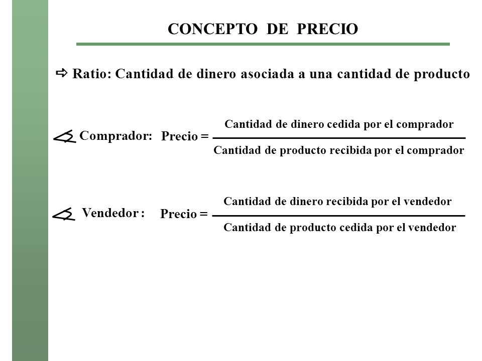 CONCEPTO DE PRECIO  Ratio: Cantidad de dinero asociada a una cantidad de producto. Precio = Cantidad de dinero cedida por el comprador.